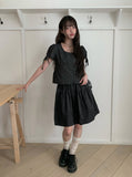 Henry Ribbon Pintuck Shirring Square Short Sleeve Blouse