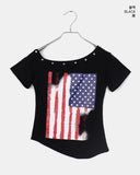 Richin American Flag Stud Rivet Unbalanced Off-shoulder Short Sleeve T-shirt