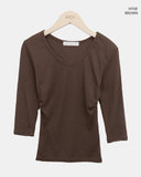 Neilon V-neck Side Shirring Three-Quarter T-shirt