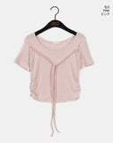 Chano Ribbon Strap Round Shirring Cropped Short-Sleeved T-Shirt