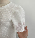 Bullet-Dot Wrinkle Jacquard Puff Sleeve Tee-Blouse