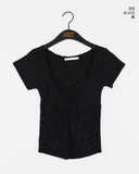 Kize Lace Punching Color Matching Shirring Short Sleeve T-shirt