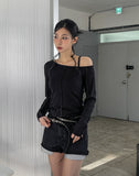 Line Overlock One Shoulder Long Sleeve