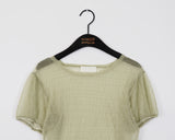 Shanz shirring pleated see-through puff short sleeve T-shirt
