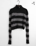 Near angora fur color matching stripe two-way diagonal zipper long sleeve knit