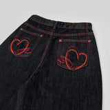 Raw Unique Red Stitch Heart Point Embroidery Wide Denim Pants