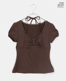 Code Beads Ribbon Shirring Puff Short Sleeve T-Shirt