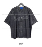 (UNISEX) Baseball No Collar Denim Shirt