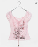 Rosen Flower Print Shirring Short Sleeve T-Shirt