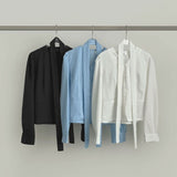 Waist Strap Neck Tie Balloon Puff Blouse