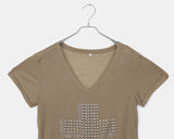 Chuking Cross Stud See-Through V-Neck Short Sleeve T-Shirt