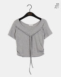 Chano Ribbon Strap Round Shirring Cropped Short-Sleeved T-Shirt