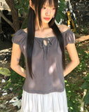 Aceh Dot Shirring Ribbon Cap Sleeve Short Sleeve T-Shirt