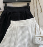 French Check See-Through Banding Flare Long Skirt