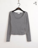 TL Stripe Deep U-Neck Long Sleeve T-Shirt