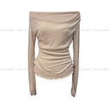 Ruffle see-through shirring drape long sleeve