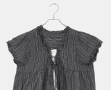 Hichu Stripe Frill Lace Ribbon Short Sleeve Blouse