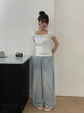 [A/M] Ruched Side Pintuck Washing Wide Denim Pants