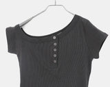 Az Pigment Washing Unbalanced One Off-Shoulder Button Short Sleeve T-shirt