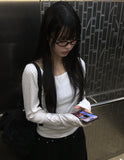 Yua Dots U-Neck Slim Crop Long Sleeve T-Shirt