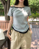 Steen Wood Button Layered One-Shoulder Short Sleeve