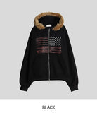 America Dirty Printing Brushed Fur Hood Zip-Up