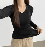 V-neck Side Shirring Point Daily Slim Fit Long Sleeve T-shirt