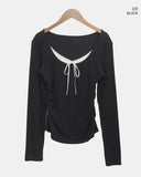 Dew Lace Loose Fit Button Shirring Long Sleeve T-Shirt