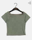 Rutot Stripe Color Matching Off-Shoulder Short-Sleeved T-Shirt