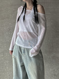 Boat neck long sleeve see-through knit