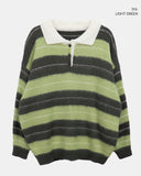 Here Color Matching Stripe Collar Neck Button Long Sleeve Knit