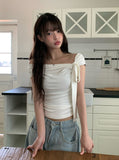 Zant Ribbon Knot Off-Shoulder Shirring T-Shirt