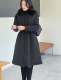 Vero Rabbit Fur Collar Long Padding Coat (Belt Set)