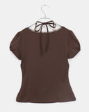 Code Beads Ribbon Shirring Puff Short Sleeve T-Shirt