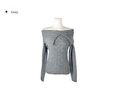 Fuzz Collar Rib Off-Shoulder Slit Long Sleeve Knit