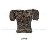 Leopard shirring puff off-shoulder short sleeve
