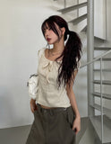 Dot Ribbon Shirring Puff Off-Shoulder Short Sleeve