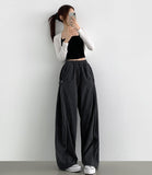 Corduroy Side Snap Button Folding Wide Banding Pants