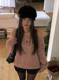 Pogo Openwork Loose Fit One-Shoulder Boat Neck Knit