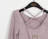 Compo Vintage Cross X Strap Deep V Neck Long Sleeve T-Shirt