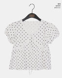 Newon Dot Lace Ribbon Short Sleeve Blouse