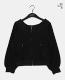 Potic Rivet Pocket Pile Off Shoulder Zip-up