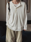Top two-tone layered henley neck long-sleeved T-shirt