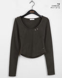 Suite eyelet incision u-neck roll cropped long-sleeved T-shirt