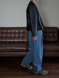 Collarless Crop Leather Jacket