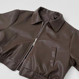 Autumn Pocket Zipper Loose Fit Leather Two-Way Crop Jacket