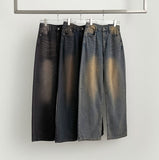 Washed color brushed semi-wide denim pants
