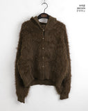 Soco Knitwear Color Matching Angora Fur Button Hood Cardigan