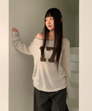 Elune Number Printed One-Off-Shoulder See-Through Long-Sleeve Knit