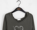 Tasha Heart Printed Warmer Deep U-Neck Slim Long Sleeve Hood T-Shirt